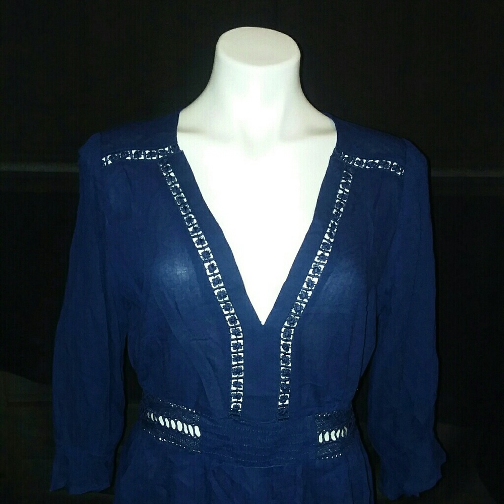 Navy BLUE botique boho top L